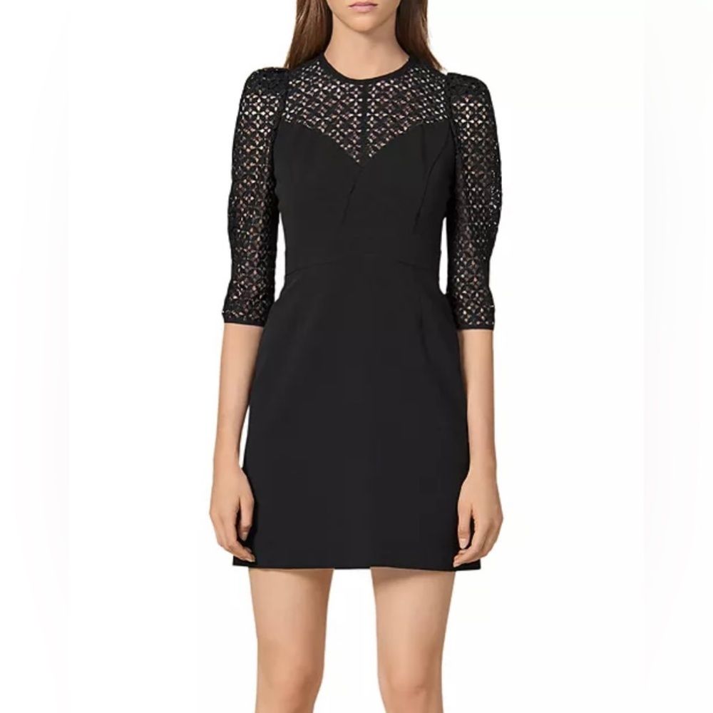 Sandro Emila Lace Panel Mini Dress In Black Size Us 2/Fr 38 Cottagecore, Nwt